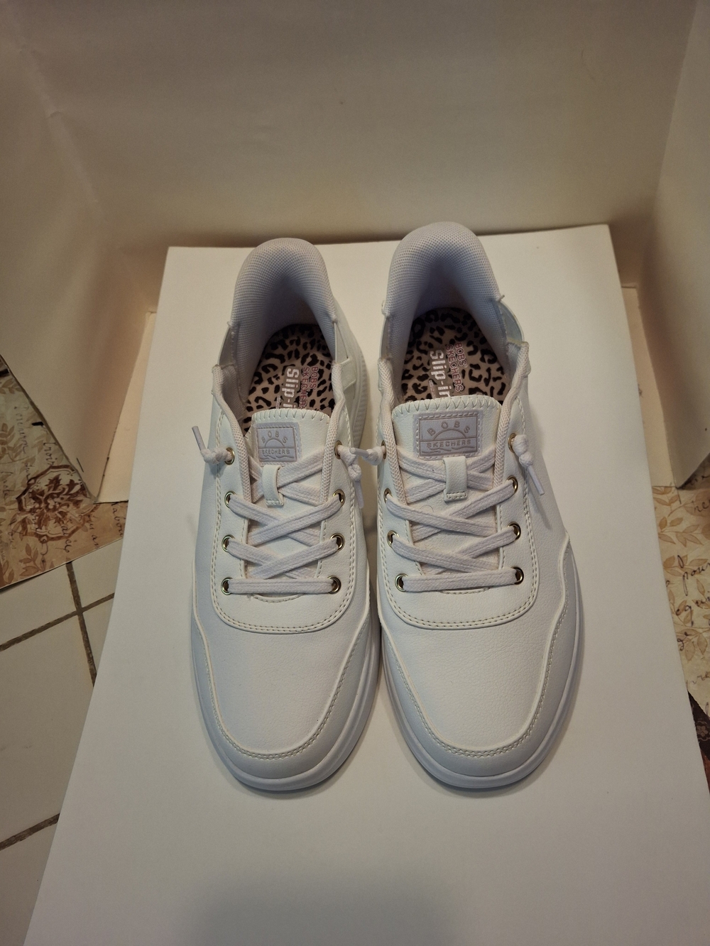 Skechers Women's White Lace-Up Slip In Sneakers with Leopard Insole